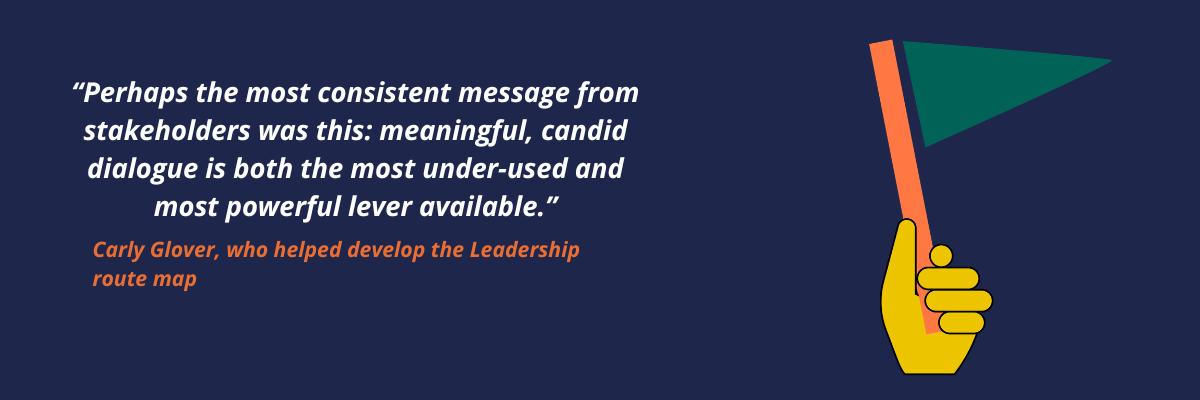 copy reads "perhaps the most consistent message from stakeholders was this: meaningful, candid dialogue is both the most under-used and most powerful level available. There is an image of a hand holding a flag