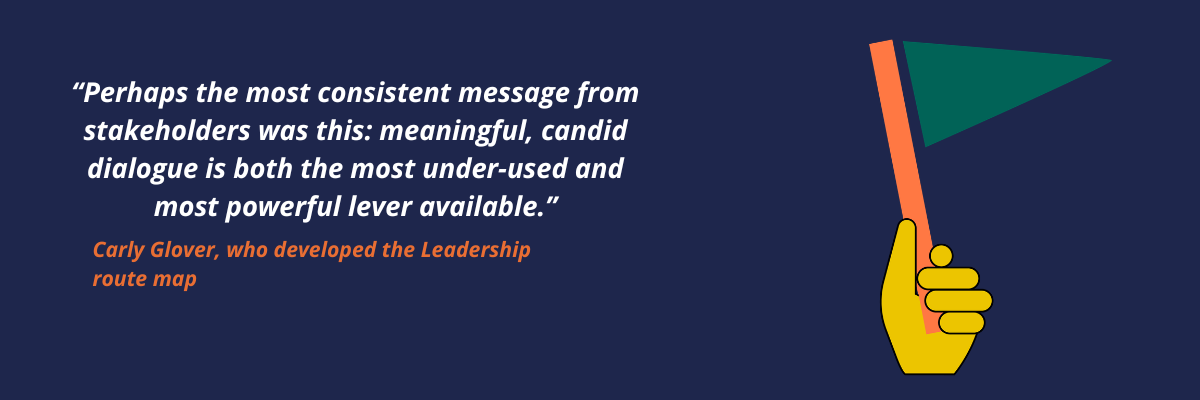 copy reads "perhaps the most consistent message from stakeholders was this: meaningful, candid dialogue is both the most under-used and most powerful level available. There is an image of a hand holding a flag